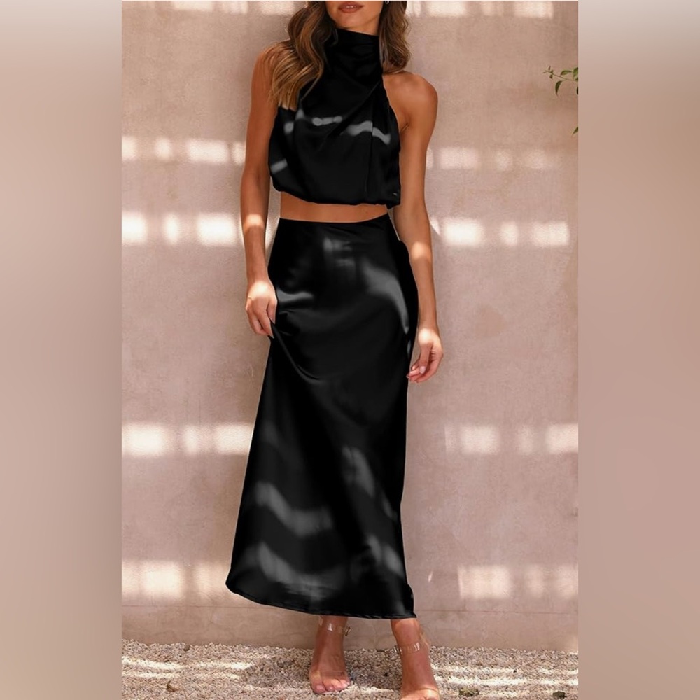 Elegant Black Women's Two Piece Mock Neck Top/Long Skirt Set